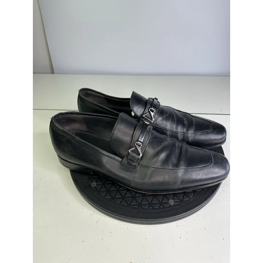 HUGO BOSS Men Size 8 Vero Cuoio Black Leather Horsebit Slip On Loafers Shoes